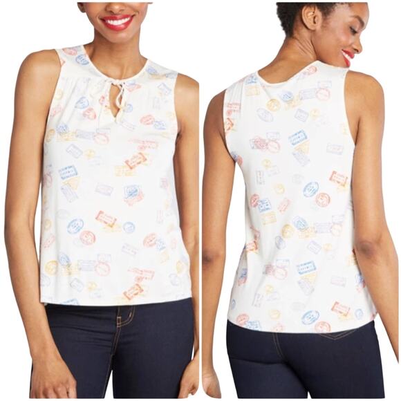 ModCloth | White Passport Stamps Travel Familiar Feeling Sleeveless Top XXS - Picture 1 of 10